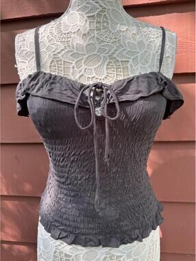 American Eagle Black Smocked Ruffle Cami Top